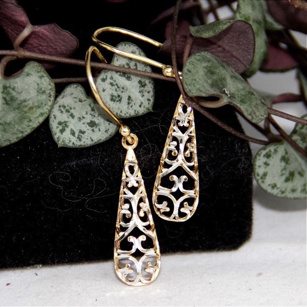 Two Tone Gold Filigree Teardrop Dangle Earrings French Wire Scrollwork 1.5 Inch